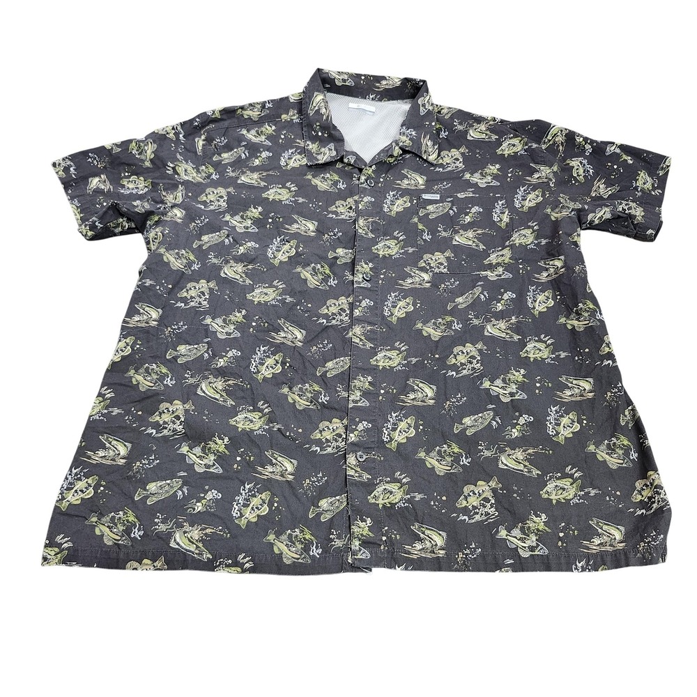 Columbia PFG Shirt Mens Big 3XL Gray Fish Print Short Sleeve Button Fishing Vent